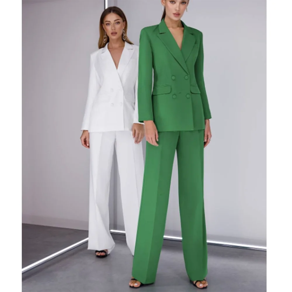 Abiti estivi classici verdi bianchi da donna doppiopetto con risvolto a punta in due pezzi (giacca + pantaloni) Alive Office Lady Ensembles Pantalon