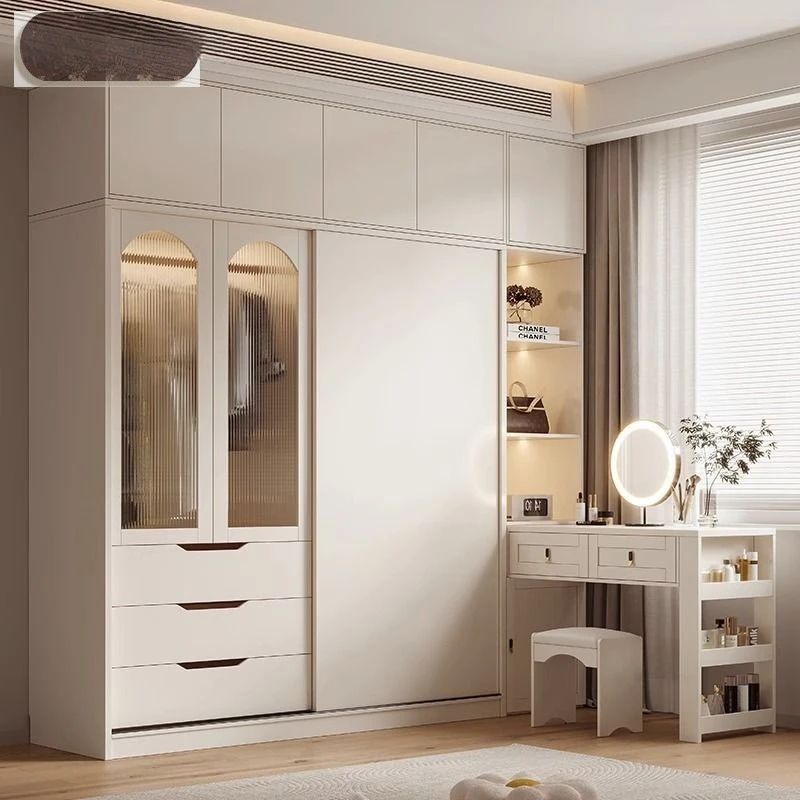 

Household Bedroom Storage Cabinet Desk Integrated Wardrobe French Cream Style Ozone Board Sliding Door