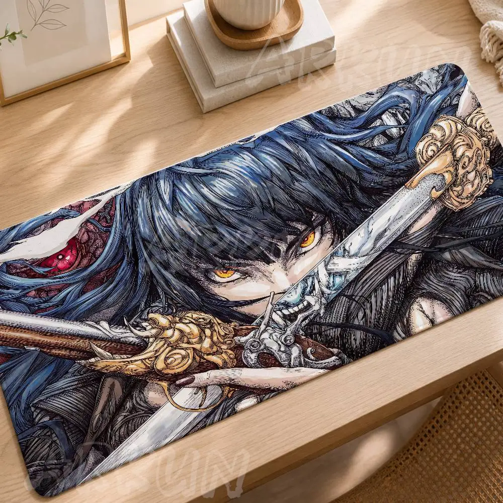 Dark Fantasy Anime Girl Large Gaming Mouse Pad Warrior Lady With Swords Art Desk Mat Non‑Slip Rubber Base Keyboard Mat