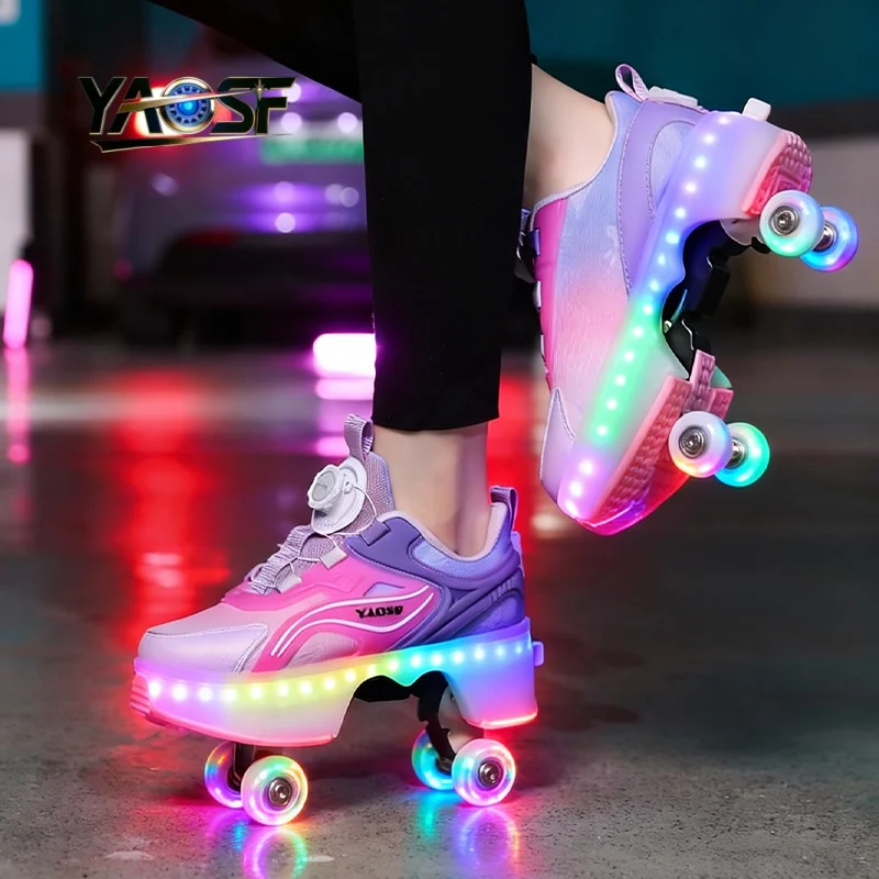 Upgraded version of children's and teenagers' roller skates with illuminated wheels and one click retractable roller skates