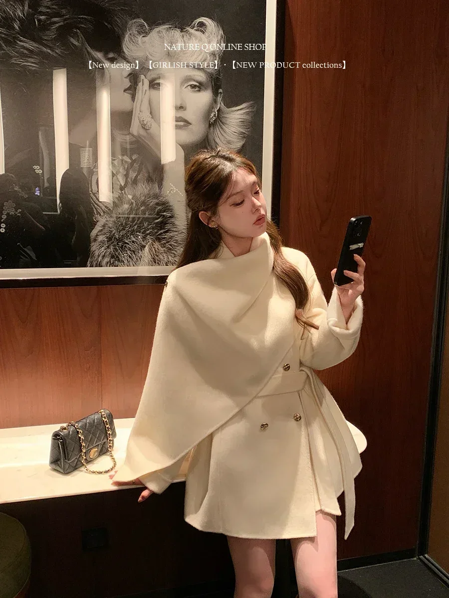 

Retro Elegant Mid-length Double-sided Woolen Coat Scarf Collar Shawl Jacket Versatile Lace-up Outerwear Autumn Women's Clothes