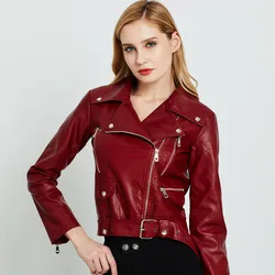 Women Faux PU Leather Coat Casual Lady Red Motorcycle Jacket Vintage Lapel Short Biker Jacket