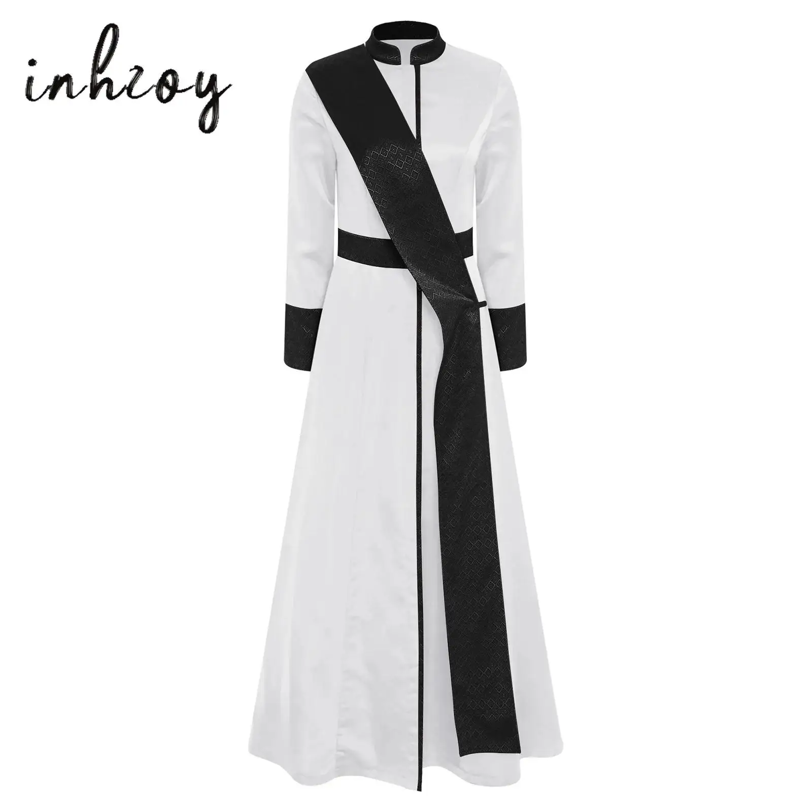 

Womens Priest Cosplay Robe with Stole Long Sleeve Jacquard Spliced Pastor Vestments Catholic Chasuble for Halloween Role-play
