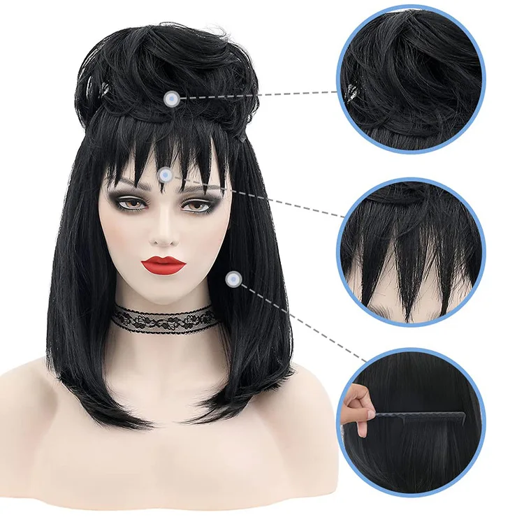 Halloween Christmas Carnival Party Cos Comic Wig Set Diagonal Bang  Ball Head Lydia Cosplay Women's Deetz Wig