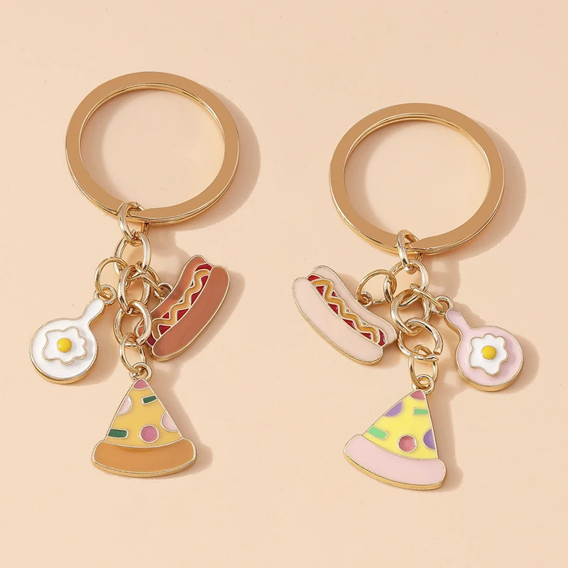 Cute Enamel Simulation Food Keychain Hot Dog Pizza Key Rings Pendants for Key Holder Women Girls Handbag Decor Jewelry Gifts