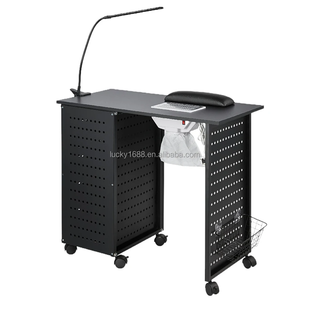 Manufacturer low price salon furniture nail care manicure desk black nail tables with dust collector and light