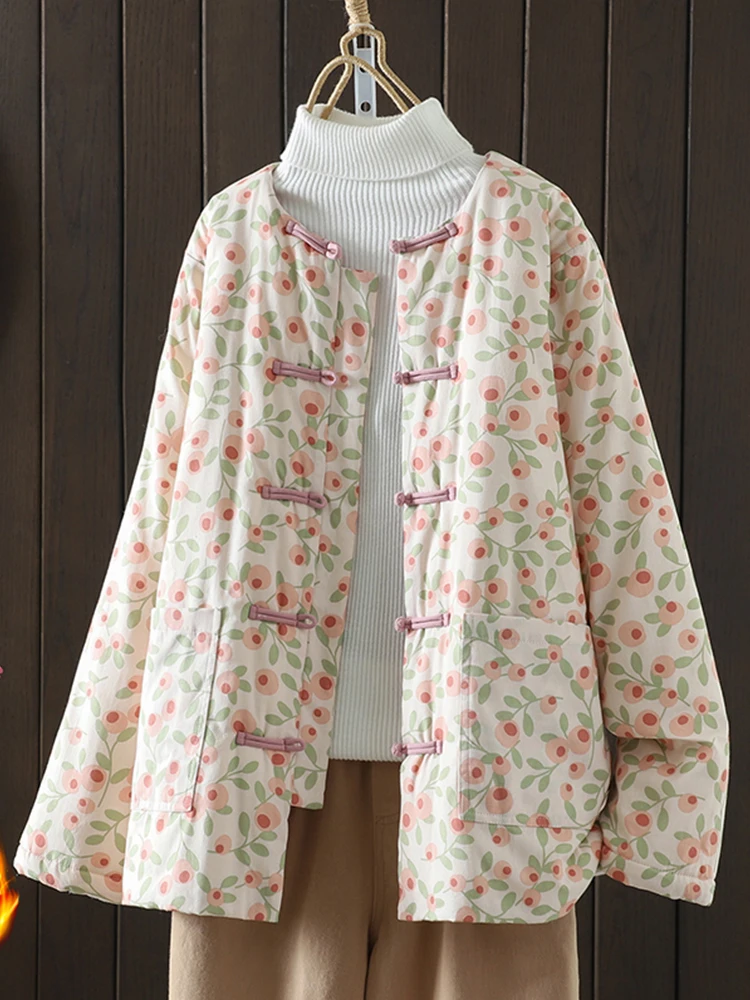 

Женское зимнее свободное хлопковое пальто Thiened Cotton Jaet, новое китайское хлопковое пальто с национальным цветочным принтом, длинное свековое круглое пальто на пуговицах