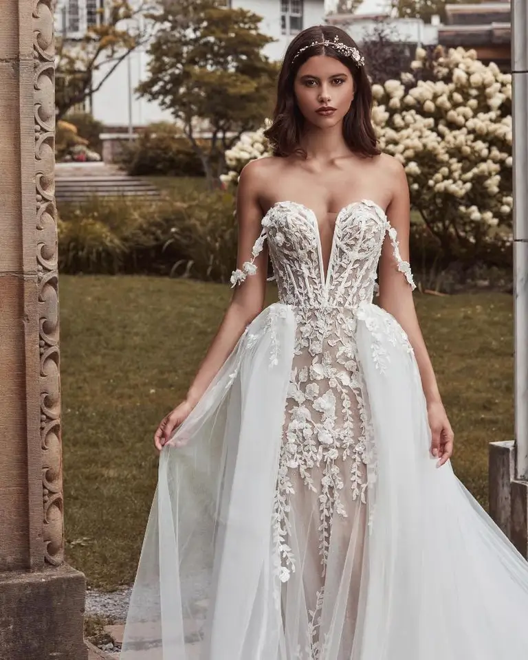 Robe De Mariée Sirène Dentelle Manches Longues Tulle 2025 – V-Neck Élégante & Romantique JYF10