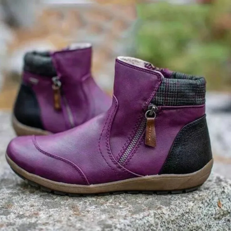 Autumn and Winter New Double Zipper Flat Color Block Fashion Snow Boots Women