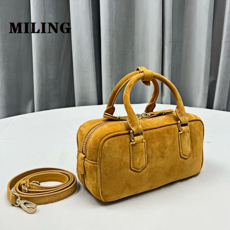 Women Suede Leather Bowling Bag Retro Style Single Shoulder Bag Female British College Style Tote Bag Leather Top-handle Handbag