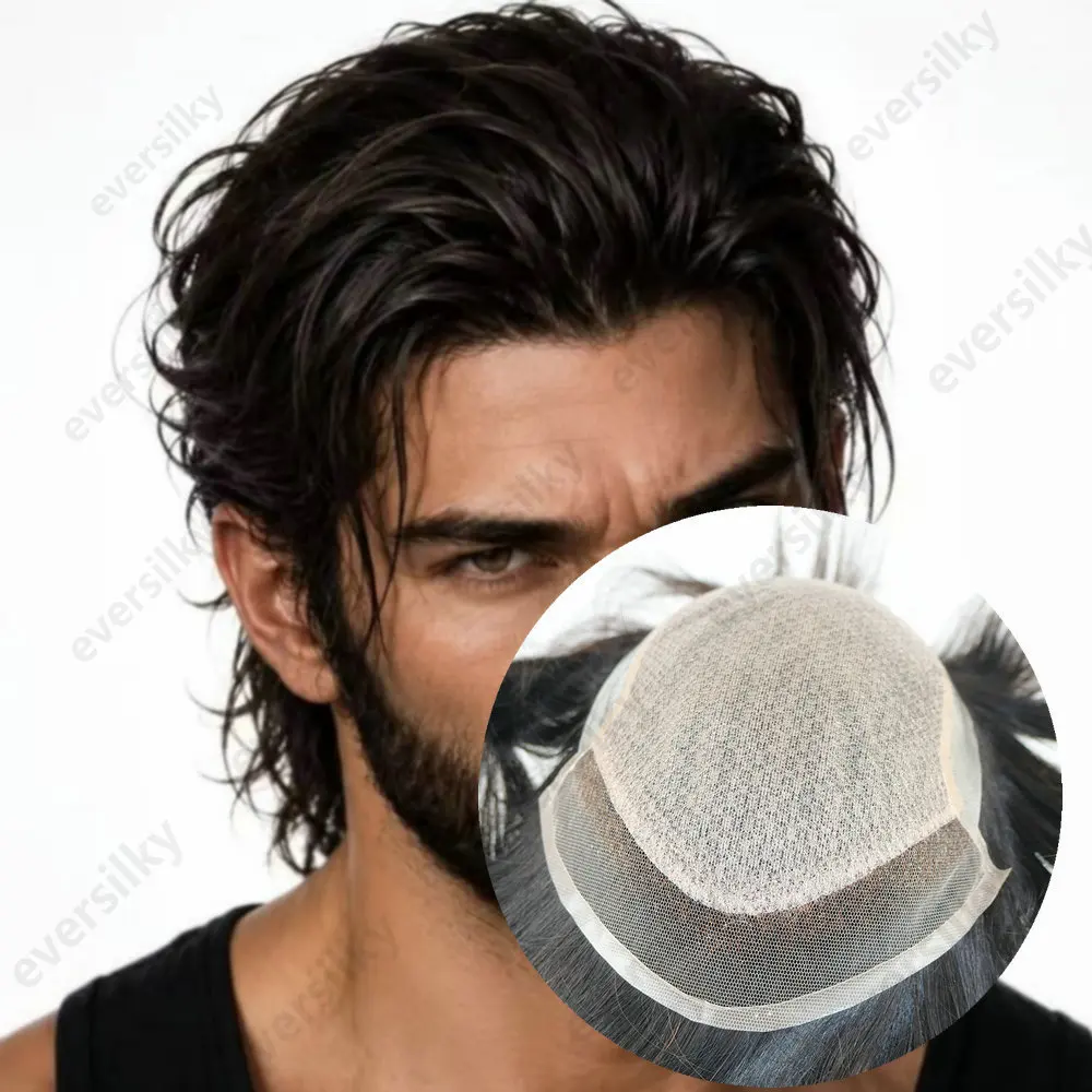 Herrenperücken mit Spitze vorne, Seidenbasis und Diamantnetz-Basis, natürliche Farbe, Herren-Haarprothese, Toupet, langlebig, 100 % Echthaar-System. – Detail 1