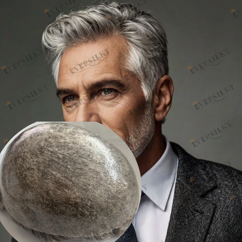 1B80 Grey Human Hair Old Men's Natural Hairline Toupee 30mm Wave Straight Super Durable Injection PU Base Hairloss Men Hair Wigs