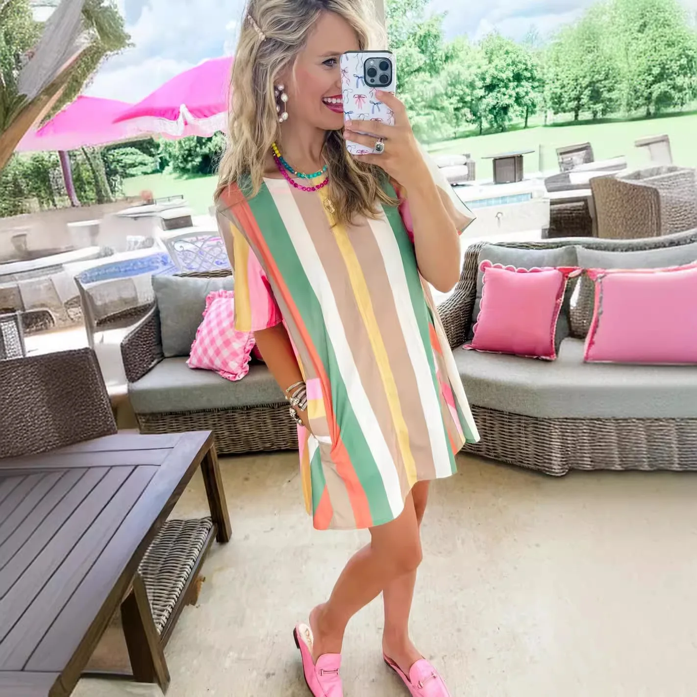 Dress Women Striped Print Short Sleeve Round Neck Mini Dresses Casual Spliced Regular Vestido Pockets Basics Summer 2025