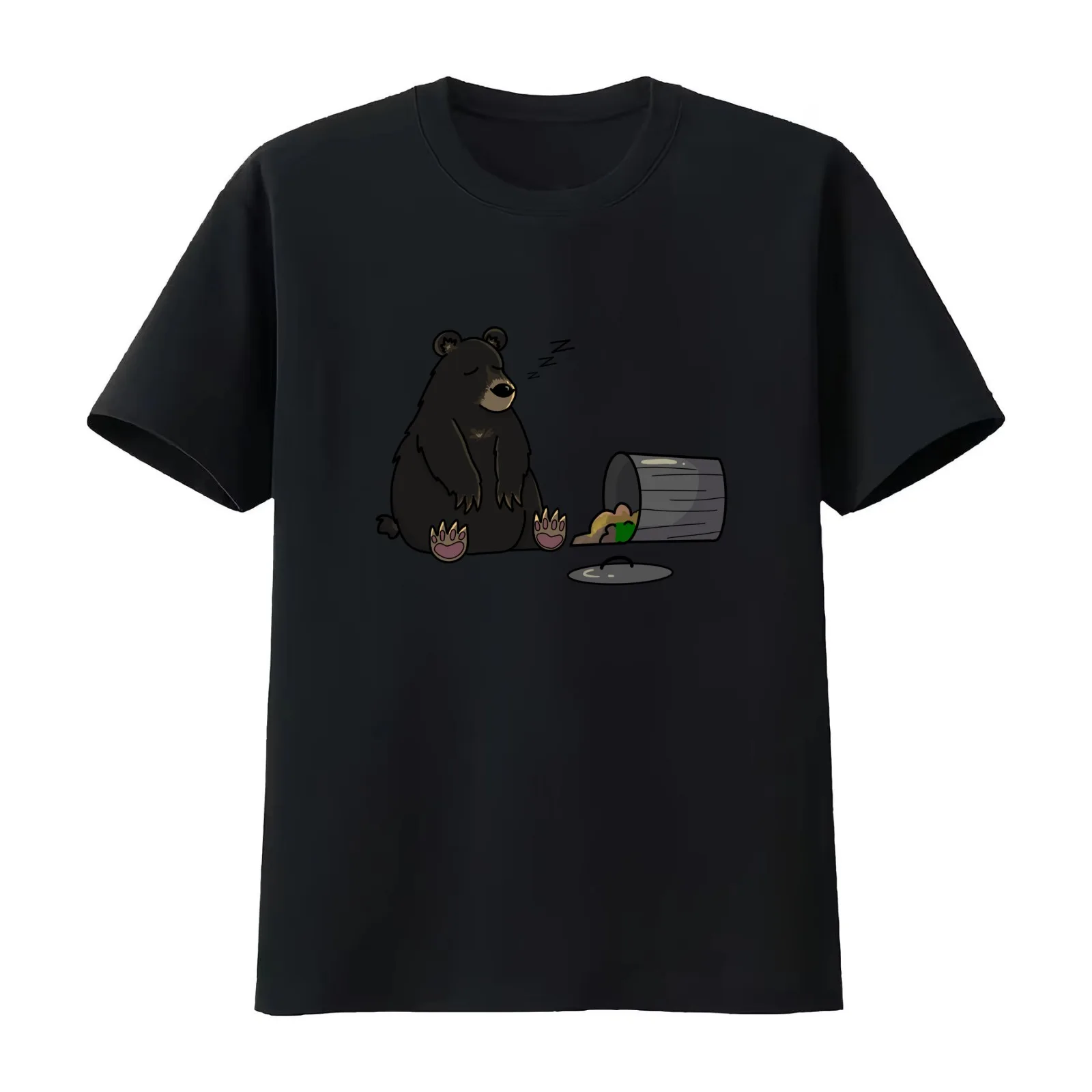 Black Bear sleeping by a trash can T-Shirt Summer Casual Cotton Tee Oversized Streetwear Tops Vintage Graphic Print