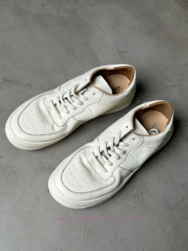 Genuine Leather Men Sneakers Breathable Thick-sole White Shoes Cowhide Japanese-style Lightweight Casual Skate Shoes
