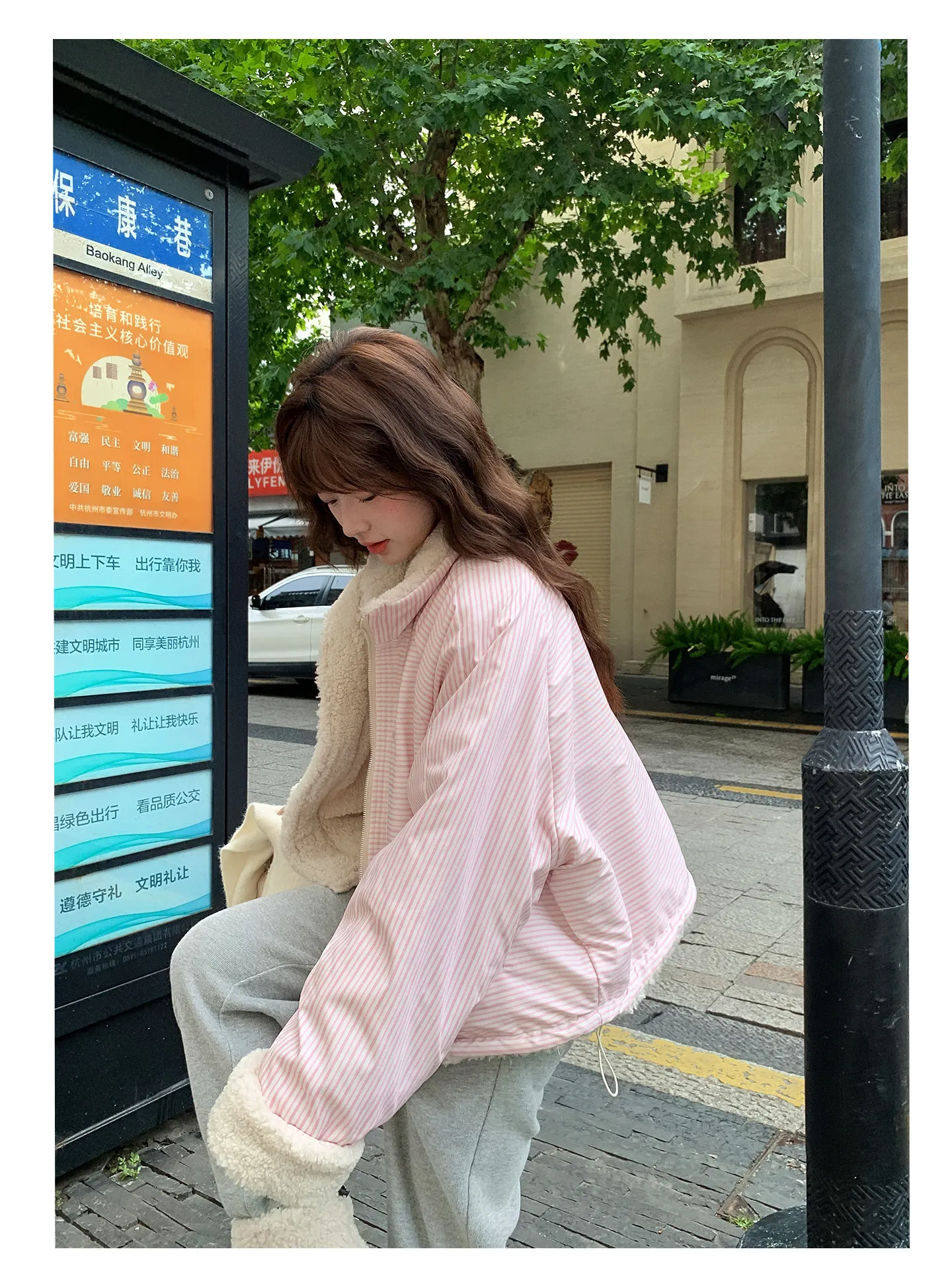 Korean Women's Reversible Striped Jacket Autumn Winter Stand Collar Fleece Lined Padded Coats Woman Loose Casual Plush Jackets