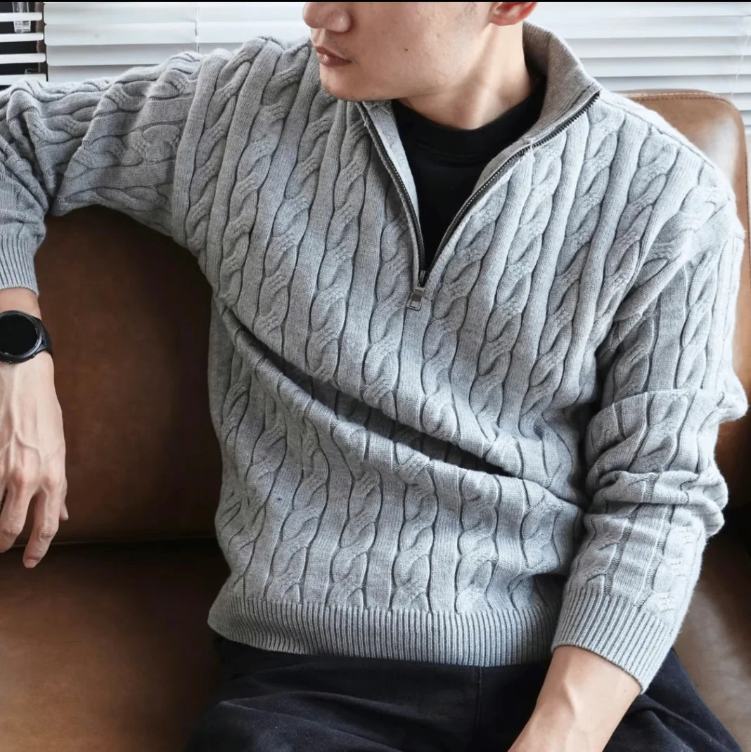 2025 New Men Gray Stand Collar Half Zipper Sweater Autumn Winter Warm Top Fashion Versatile Trendy Slim Fit Base Layer Shirt