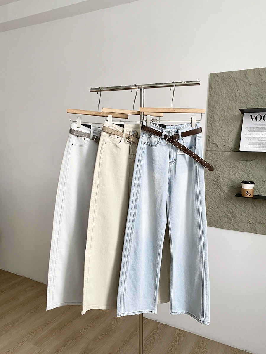 

Модные женские джинсы с высокой талией Весна 2026, широкие брюки из выстиранного денима, повседневный стиль, простой дизайн, полиэстер