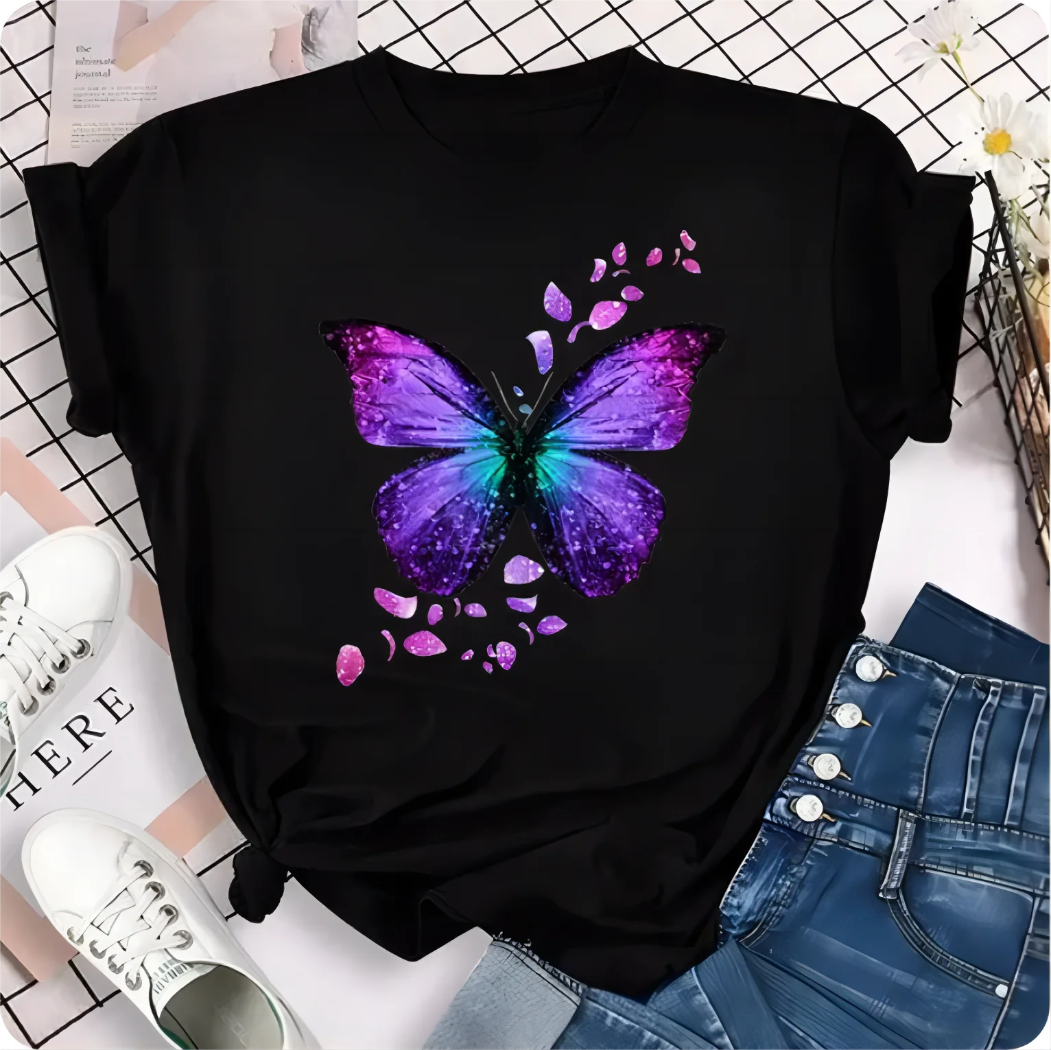 Fashion T-shirt with colorful butterfly petal pattern printed T-shirt casual short sleeved European size AliExpress new pure cot