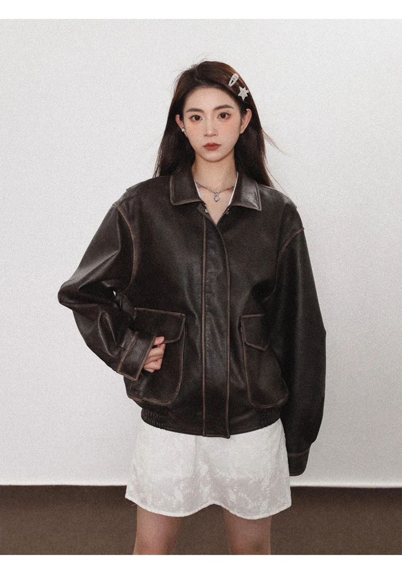Lautaro Spring Autumn Cool Handsome Soft Vintage Distressed Brown Pu Leather Jacket Women Long Sleeve Luxury Designer Clothing