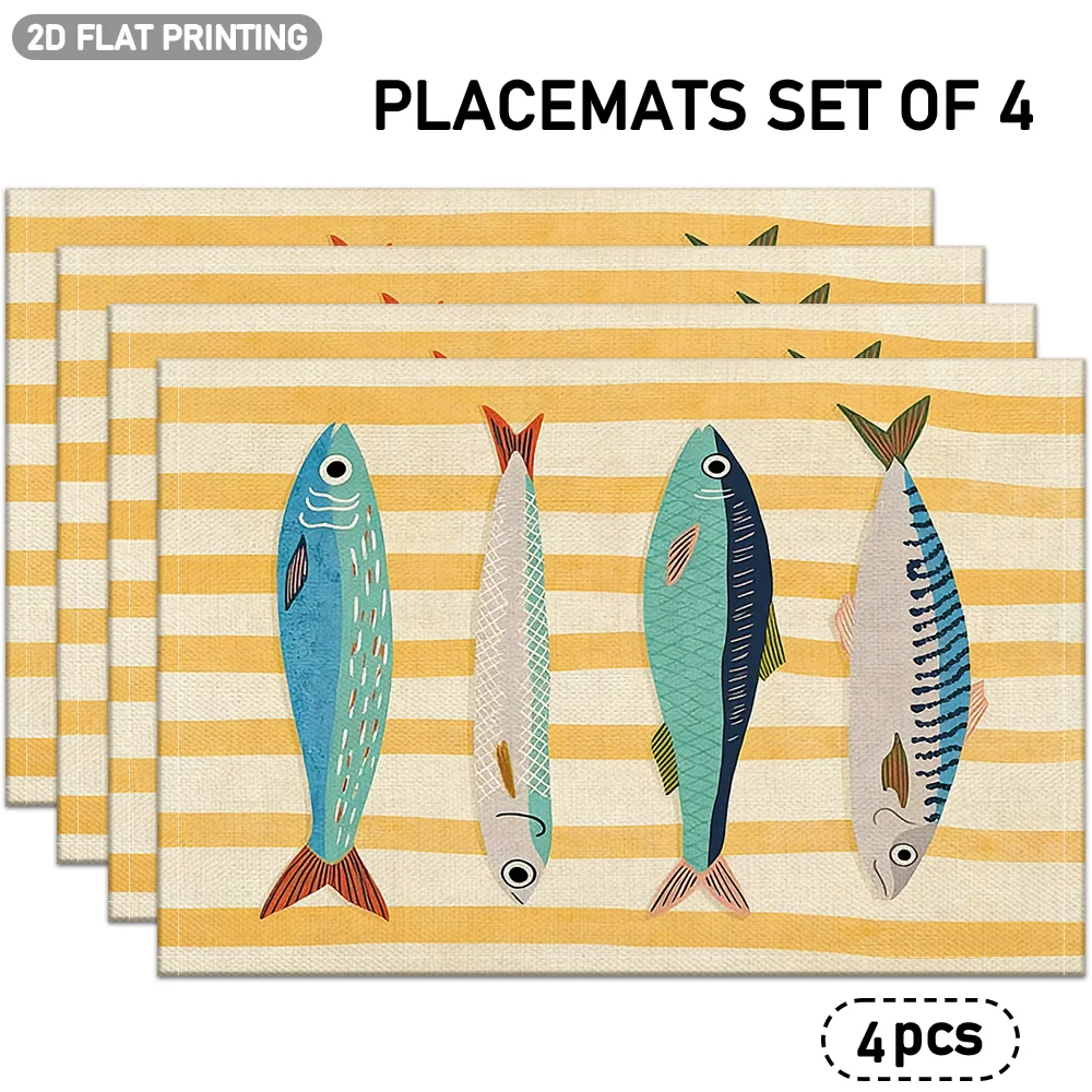 Linen Placemats with Yellow Striped Background and Colorful Fish Pattern Suitable for Indoor outdoor Party Restaurant Decoration