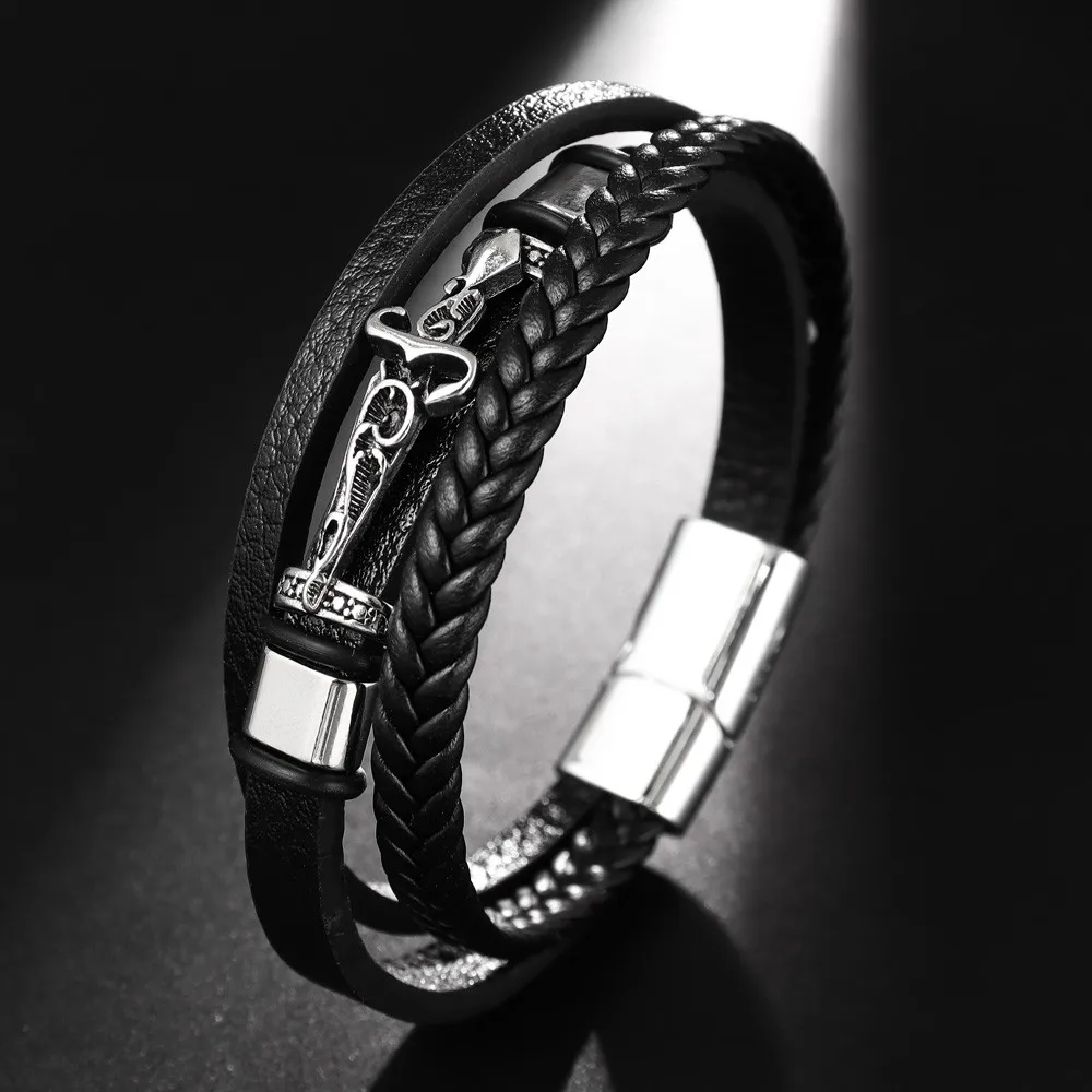 Trendy Multi-Layer Leather Woven Sword Cross Bracelet Charm Men\'s Bracelet New Fashion Hip Hop Punk Jewelry Accessories Gifts
