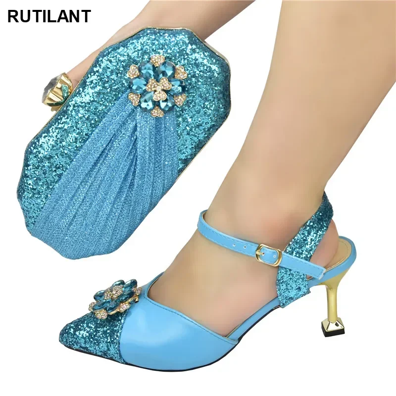 

High Quality African Shoes and Bag Set Decorated with Rhinestone 2024 Special Arrivals Wedding Nigeriain Shoes with Bag Set