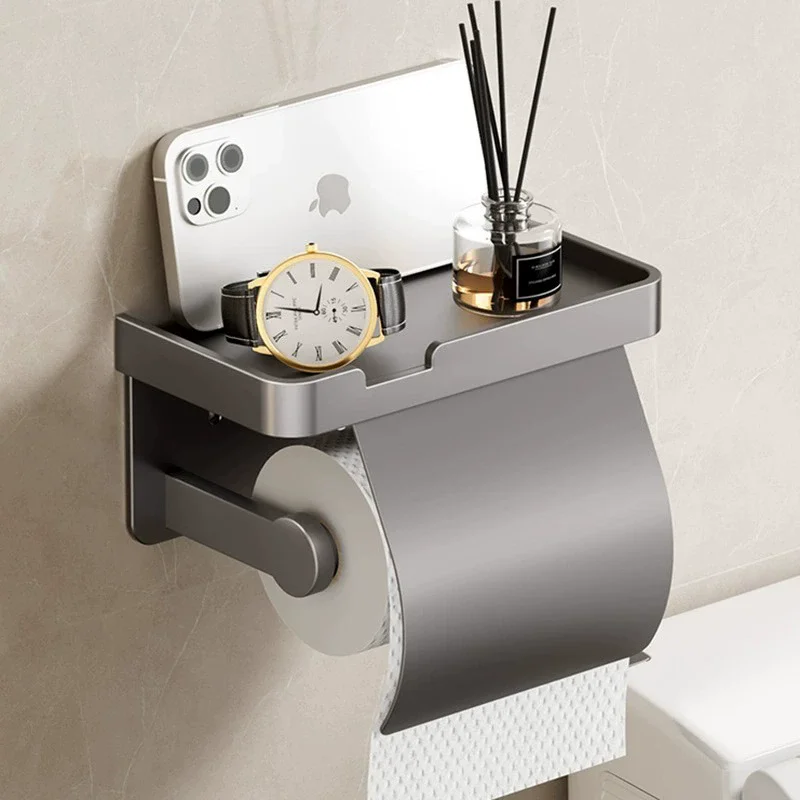 

Gray Toilet Paper Holder with shelf Aluminum Black Tissue Paper Holder Milk Cream Paper Roll Holder With Phone Storage Shelf