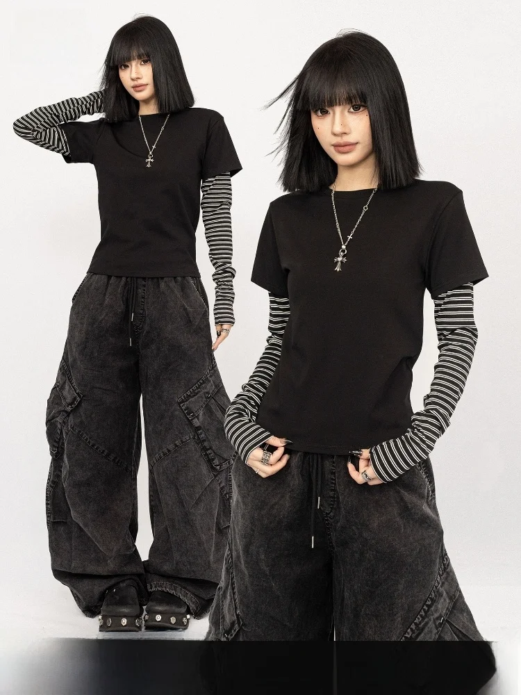 

OCTTFLAB Женская футболка с длинным рукавом в полоску, с цветовыми блоками, повседневный дизайн, круглый вырез, из смеси полиэстера и спандекса