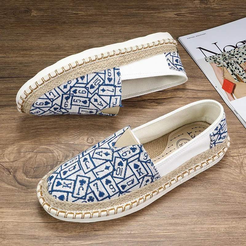 Gran oferta, mocasines de lino azul, zapatos de pescador con estampado de tendencia para hombre, zapatos de conducción, zapatos planos sin cordones para hombre, zapatos perezosos para hombre