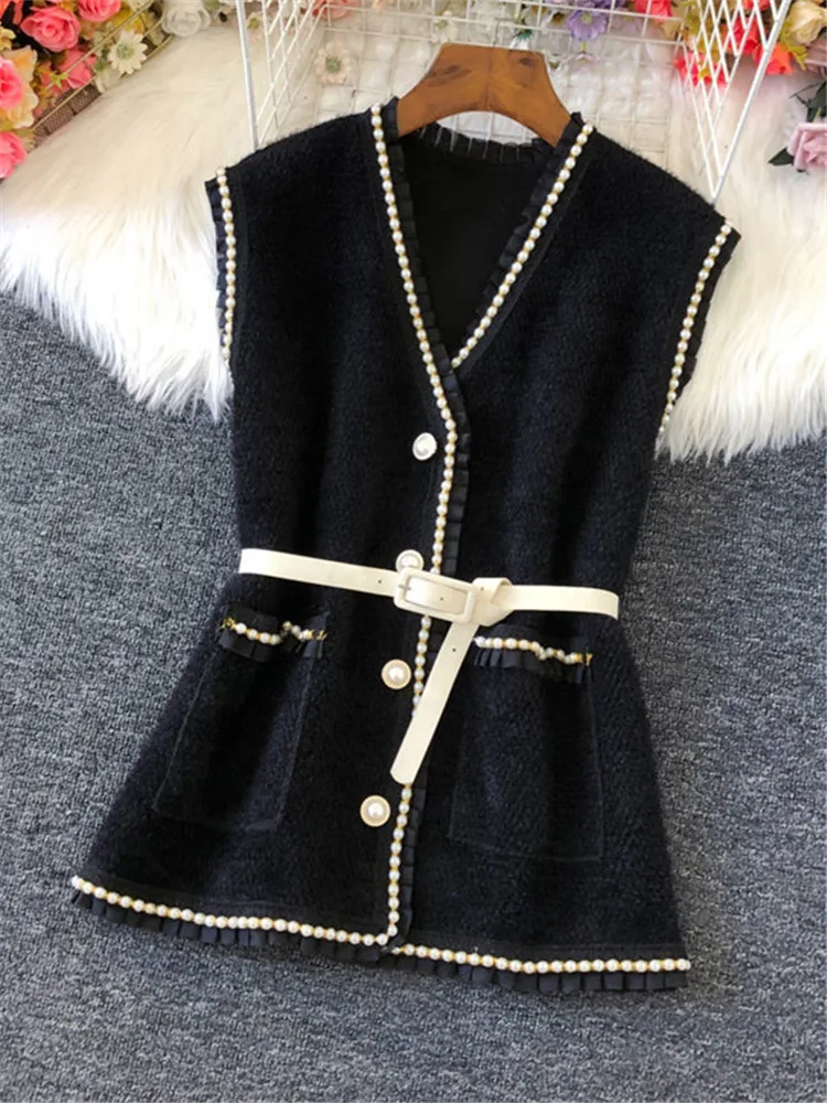 Vintage Woolen Sweater Vest Jacket Women Spring Elegant V-Neck Sleeveless Waistcoats Korean Casual Bead With Belt Chic Outerwear