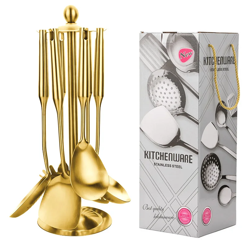 

Набор металлических кухонных инструментов с полой ручкой, набор кухонных принадлежностей из нержавеющей стали 304, золотой, с подставкой