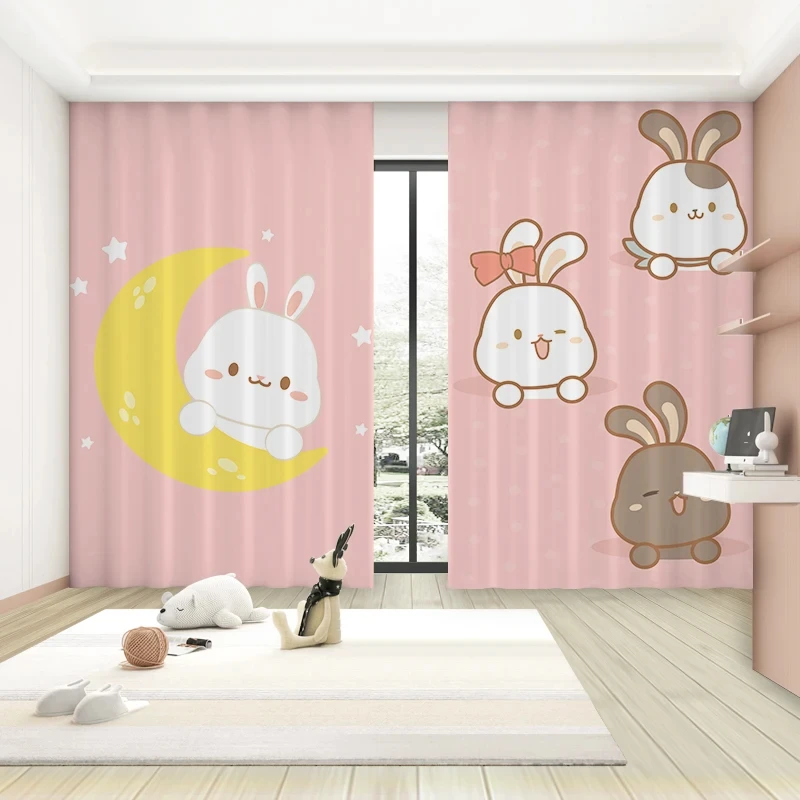 

Trendy Cartoon Cute Style Blackout Curtains Pink Rabbit Balloon Moon Girl Princess Bedroom Living Room High Shading Curtains