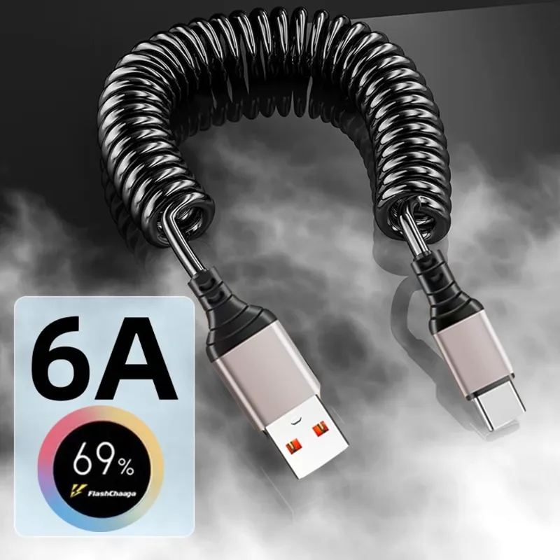 USB To Type C Spring Telescopic Cable USB-C To Type C Fast Chaging Wire for Xiaomi Samsung iPhone 15 Pro Car Charger Spiral Line