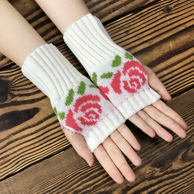 INS autumn and winter short rose knitted half-finger gloves spot jacquard warm arm women's wool gloves