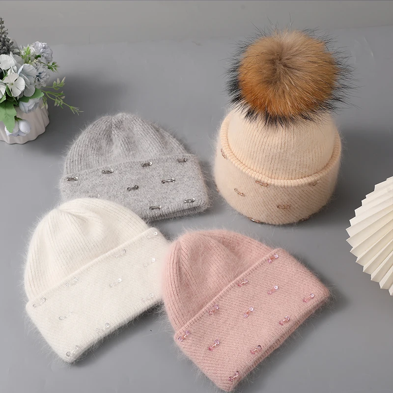 CNTANG New Hat For Women Winter Knitted Angora Rabbit Fur Beanie Fashion With Rhinestone Warm Hats Female Luxury Brand Cap y2k