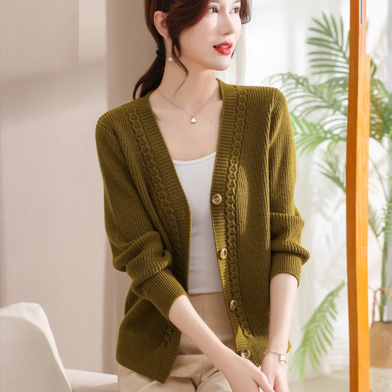 Suéter de malha de alta qualidade cardigan feminino outono 2025 sem pilling longo sve v-ne regular fino faion roupas femininas