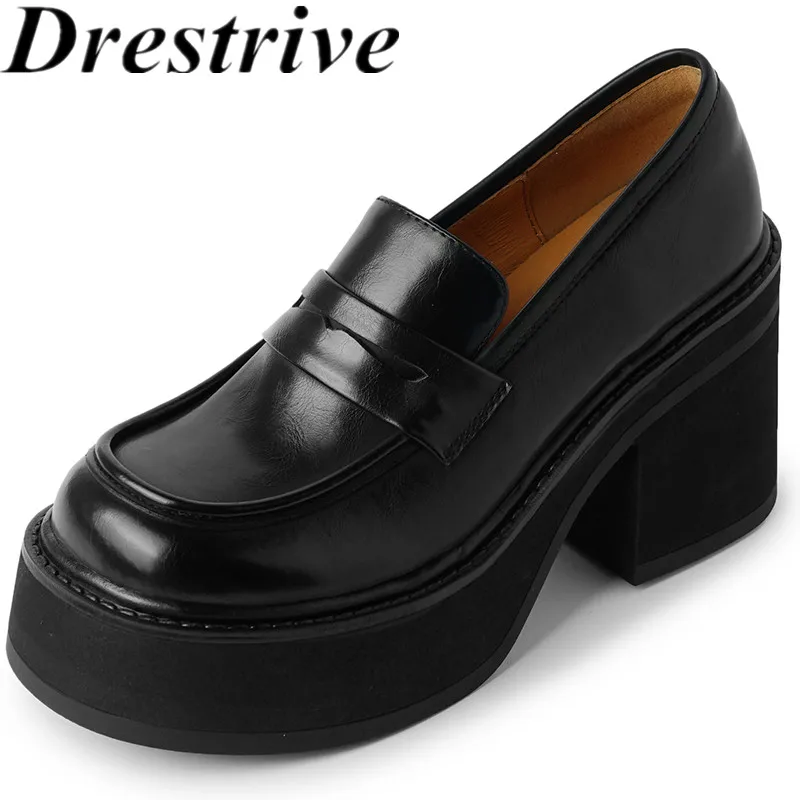 

Drestrive 2024 Classics Loafers Cow Leather Platform Round Toe Thick High Heels Top Quality Women's Pumps Handmade