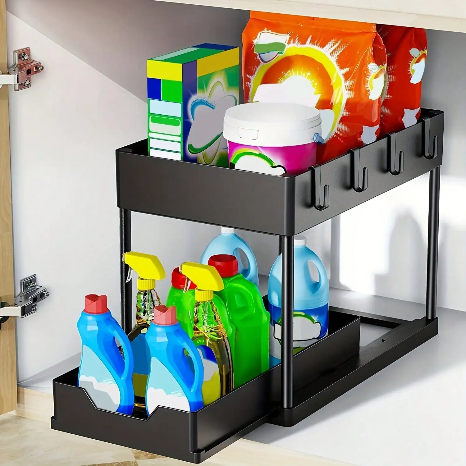 Under Sink Organizer with Sliding Drawers, 2 Tier Pull Out Cabinet Storage Rack with Hooks & Hanging Cup, Double Layer Bathroom Kitchen Storage Shelf for Cosmetics, Coffee Cups, Cleaning Supplies, Black view 4