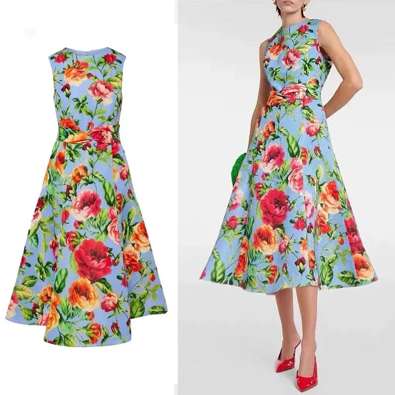 

Runway Fashion Women Round Collar Holiday Dress Boho Summer Gorgeous Rose Flower Print Sleeveless Tank High Waist Midi Vestidos