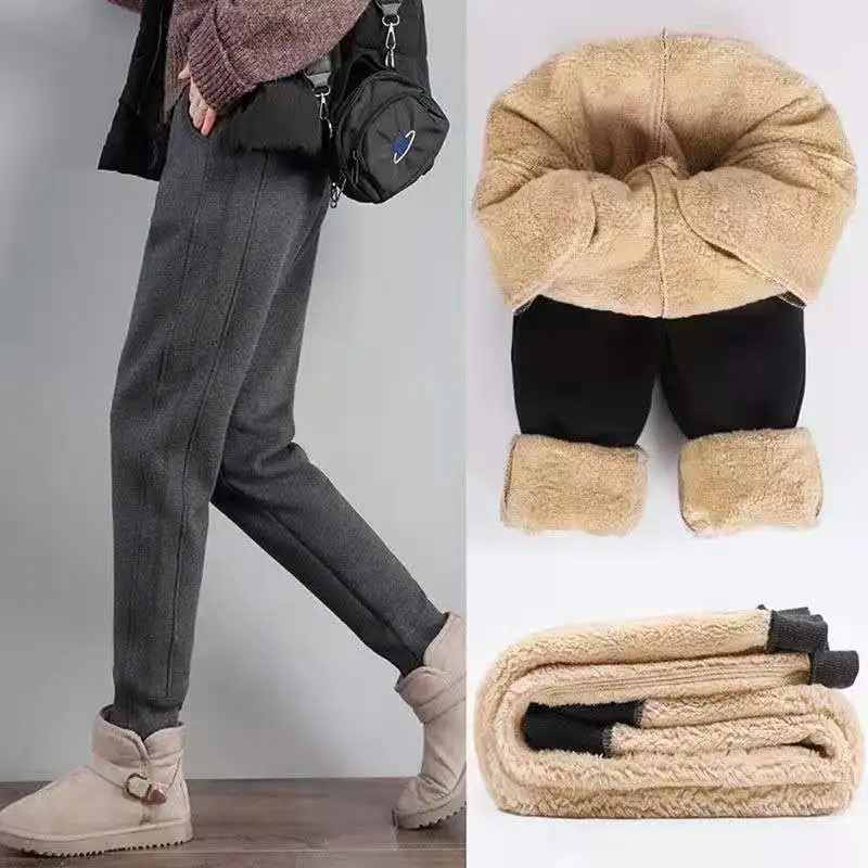 Women's Autumn Winter Flocking Elastic High Waist Pockets Drawstring Solid Harlan Feet Cargo Trousers Fashion Vintage Pants
