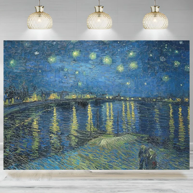 Spring Summer Night Sky Stars Couple River Boat Oil Painting Backdrop Home Art Party Decoration Photographic Background Banner