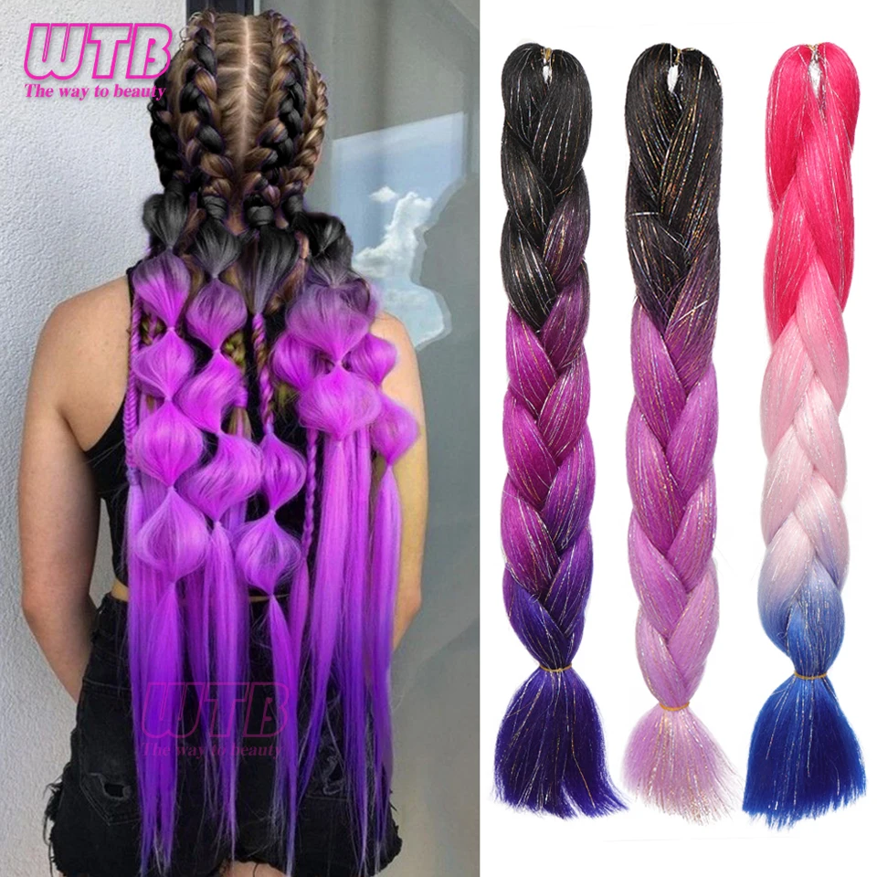 Extensiones de cabello trenzado preestirado, Pelo trenzado de ganchillo degradado, color negro, morado y azul