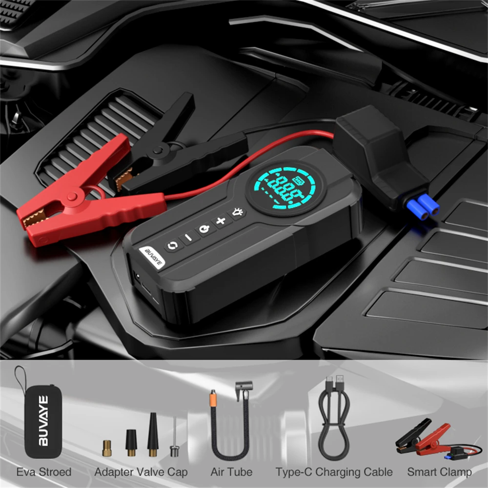 BUVAYE 1500A Car Jump Starter Air Pump 12V Portable Lithium Jump Starter Power Bank Portable Air Compressor Car Battery Booster