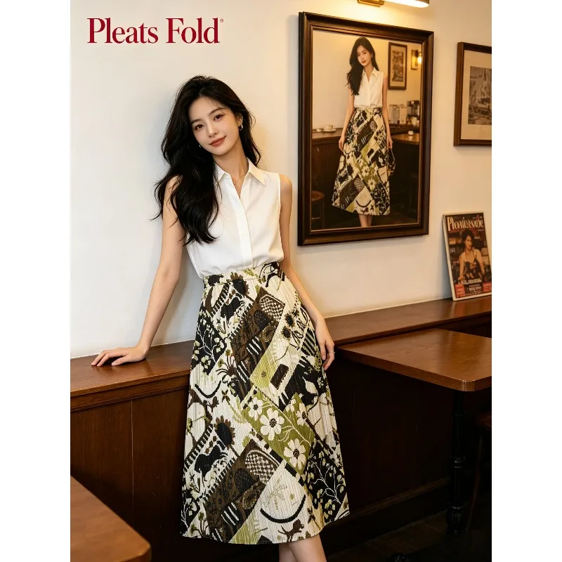 Miyake Pleated 2026 Summer New Original Mid-Length High-Waist Straight Printed Skirt with Slit Versatile Floral Skirt for Women