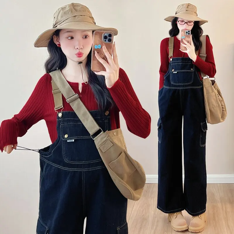 American Vintage Casual Washed Denim Jumpsuits for Pregnant Women Wide Leg Loose Straight Workwear Jeans Pregnancy Overall Pants