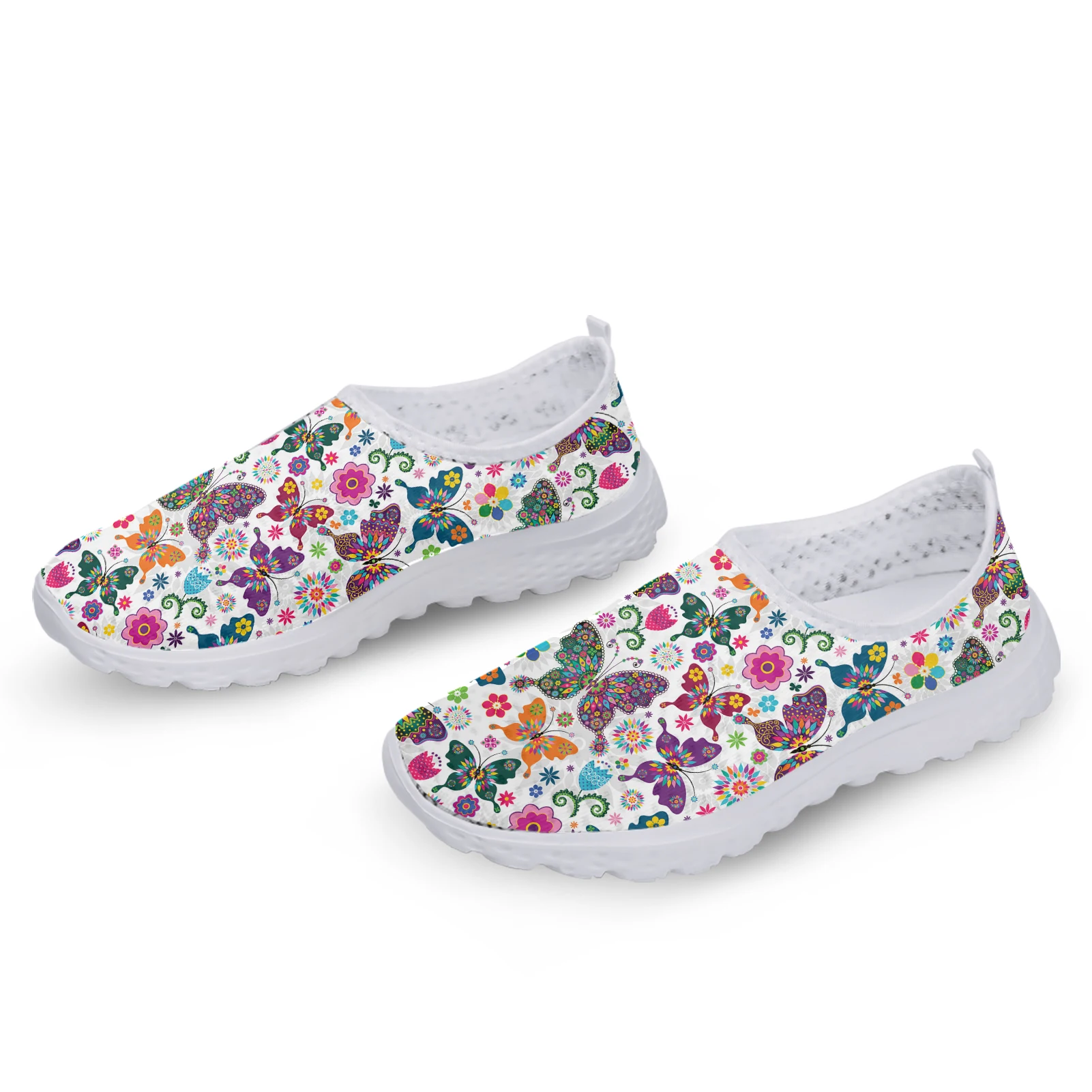 INSTANTARTS Fashion Colorful Butterfly Design Flower Print Home Mesh Shoes Loafers Women Slip On Sneakers Soft Flat Shoes