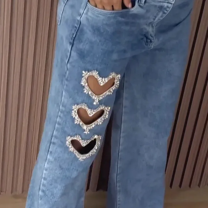 

Heavy Embellied Diamond Rhinestone Hollow Heart Denim Jeans Women Straight Leg Wide Leg Pants Summer Season l Waist
