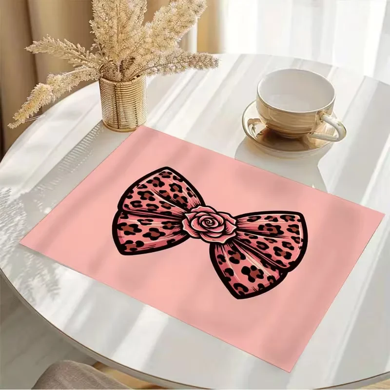 Cute Pink Leopard Bow Rose Placemat Sweet Girly Style Non Slip Table Pad for Tea Brunch Party Cafe Dining Table