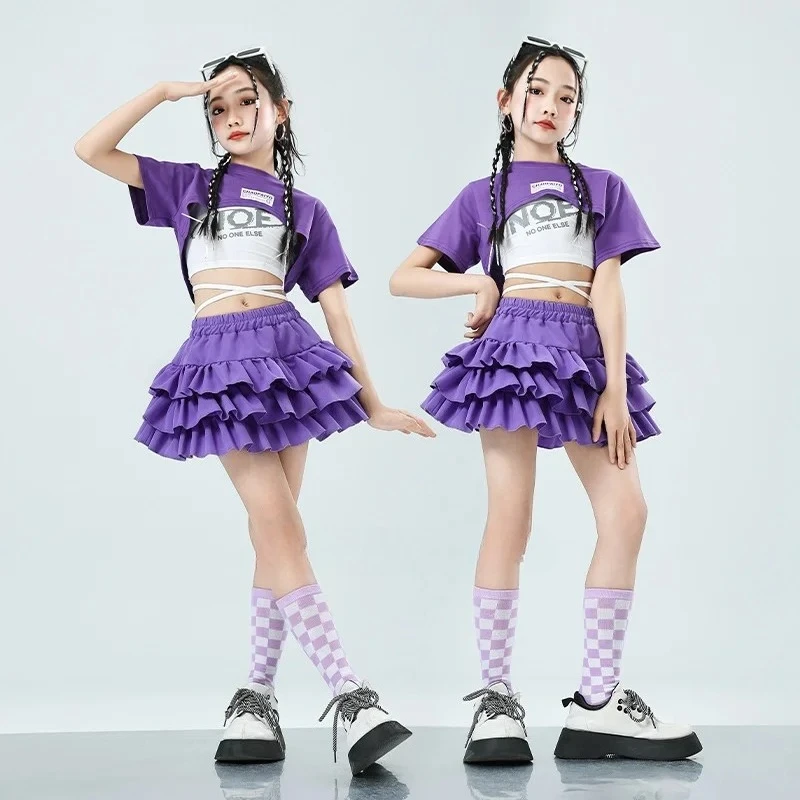 

Girls Cute Summer Streetwear Children Hip Hop Crop Top Purple Tiered Skirts Clothes Sets Kids Teens Street Dance Jazz Costumes